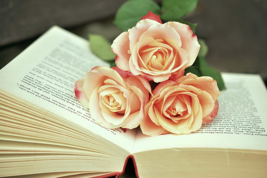 An opened book holding pink and white roses on top of it