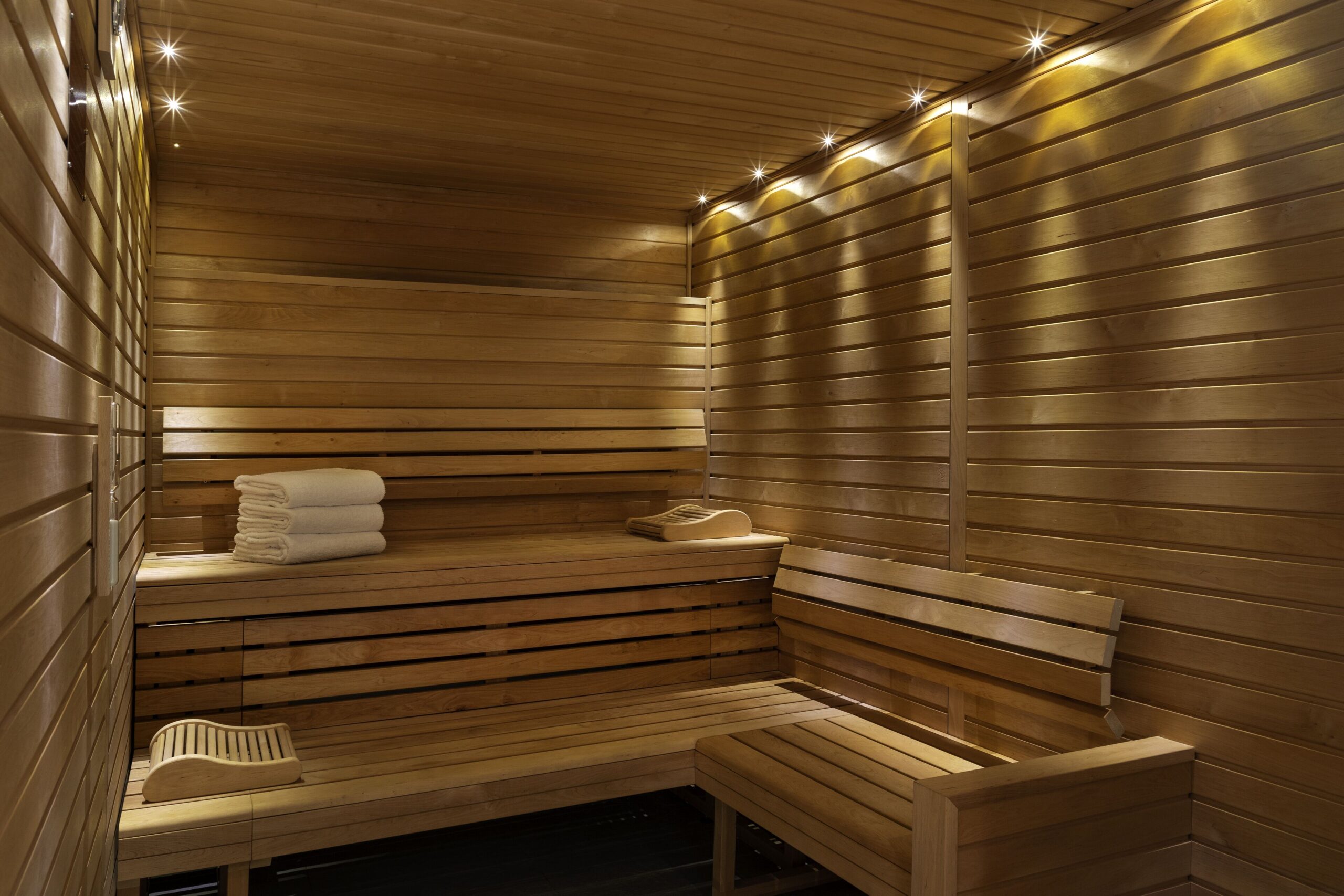 Sauna with 3 levels to lay down in and a seating area
