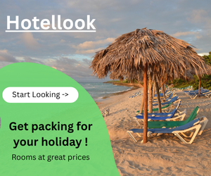 Beach with hay parasols in the background, with a blob shapeon the left hand side saying: Start Looking, Get packing for you holiday! Rooms at great prices. Finally a big tittle on the top saying "Hotellook"