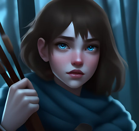 young woman holding a bow and arrow in the winter forest, with long brown hair, and deep blue eyes