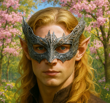 A handsome man with golden hair and green eyes, wearing brown attire, surrounded by a lush forest in bloom.