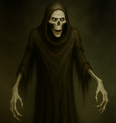 A tall, slender figure draped in tattered, gray cloth, with long spindly limbs and a face completely hidden by a veil of shadow.